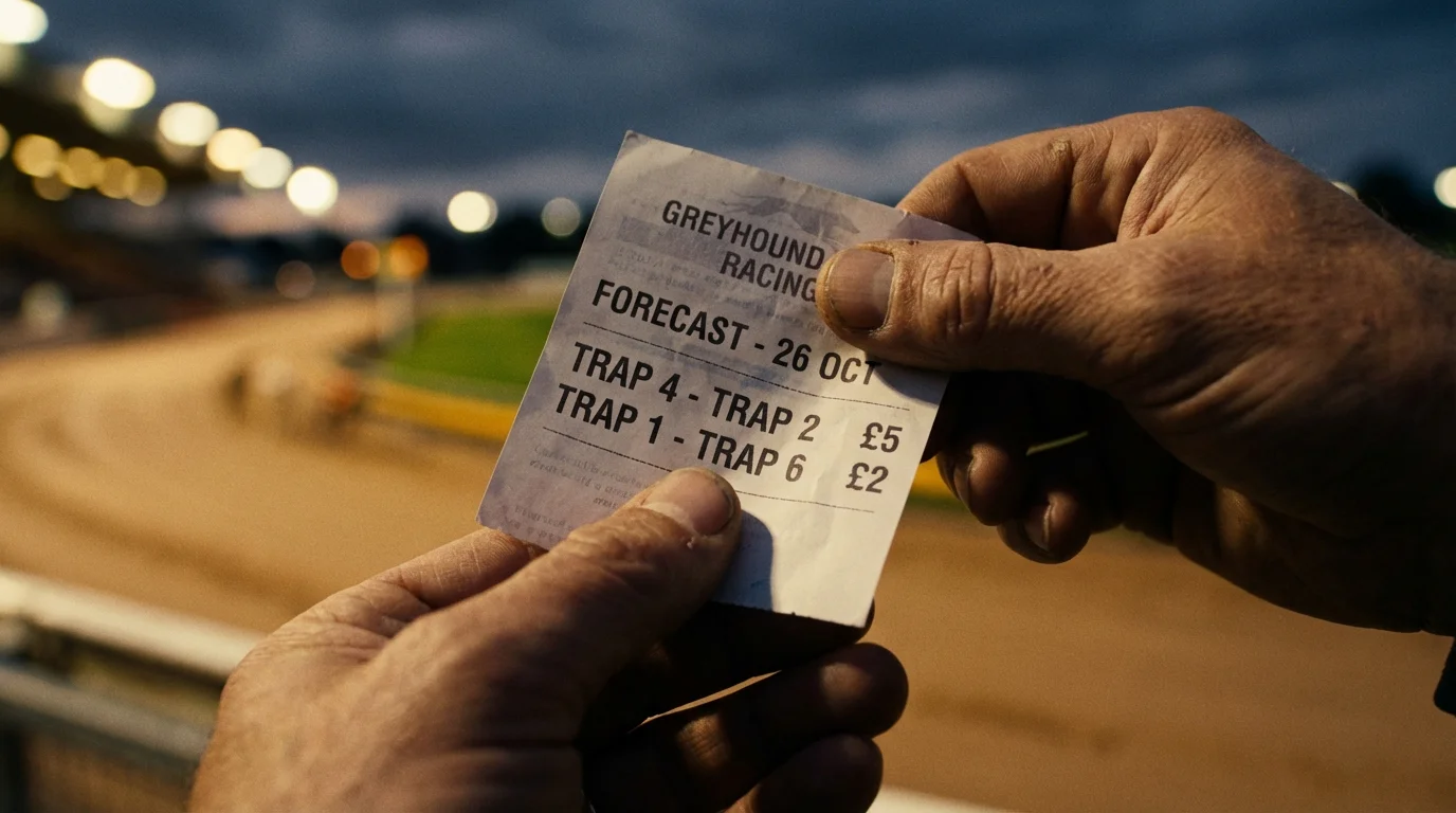 Greyhound racing betting slip showing forecast and tricast wager options