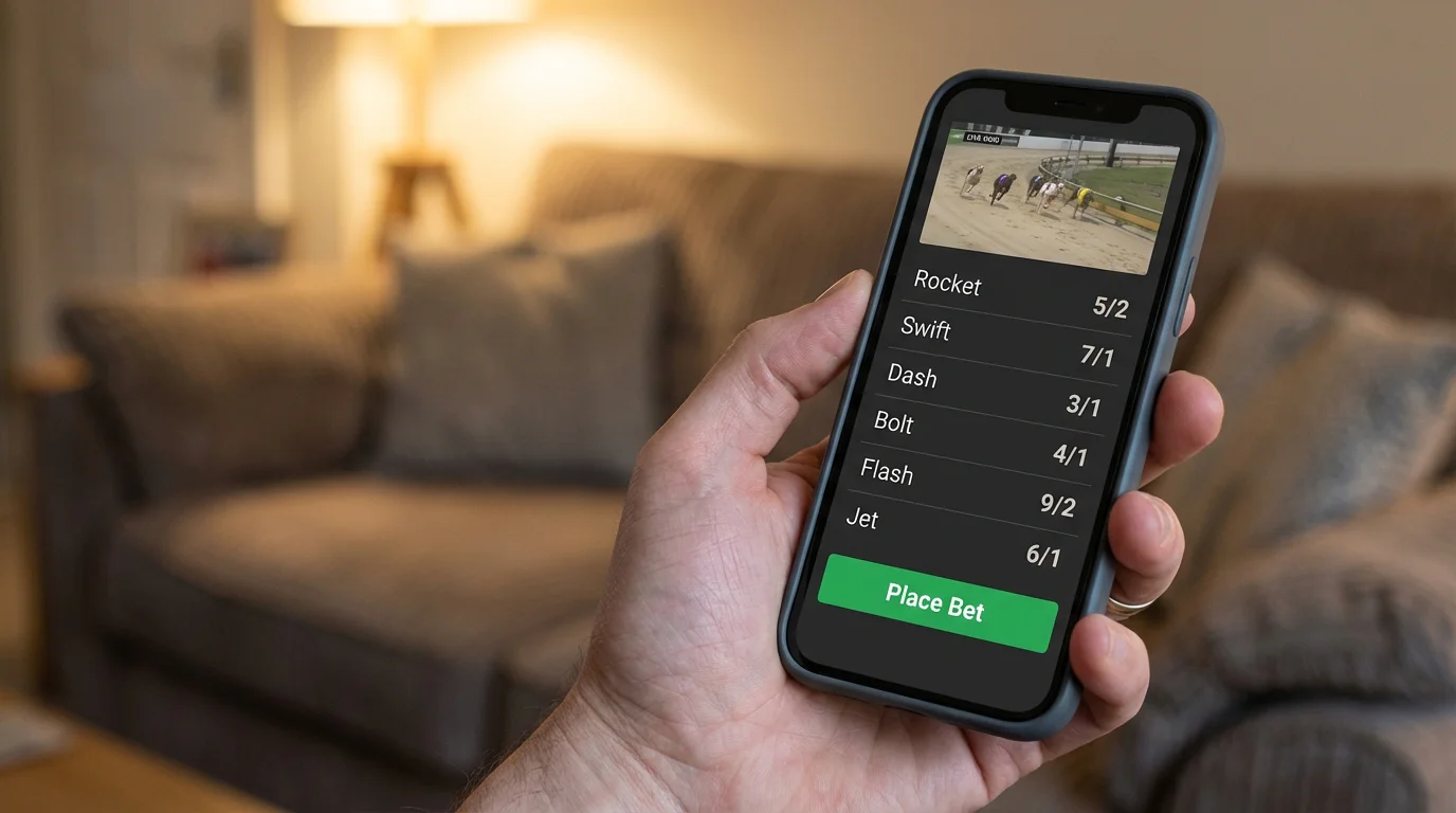Smartphone screen showing a greyhound racing betting interface with odds and racecard