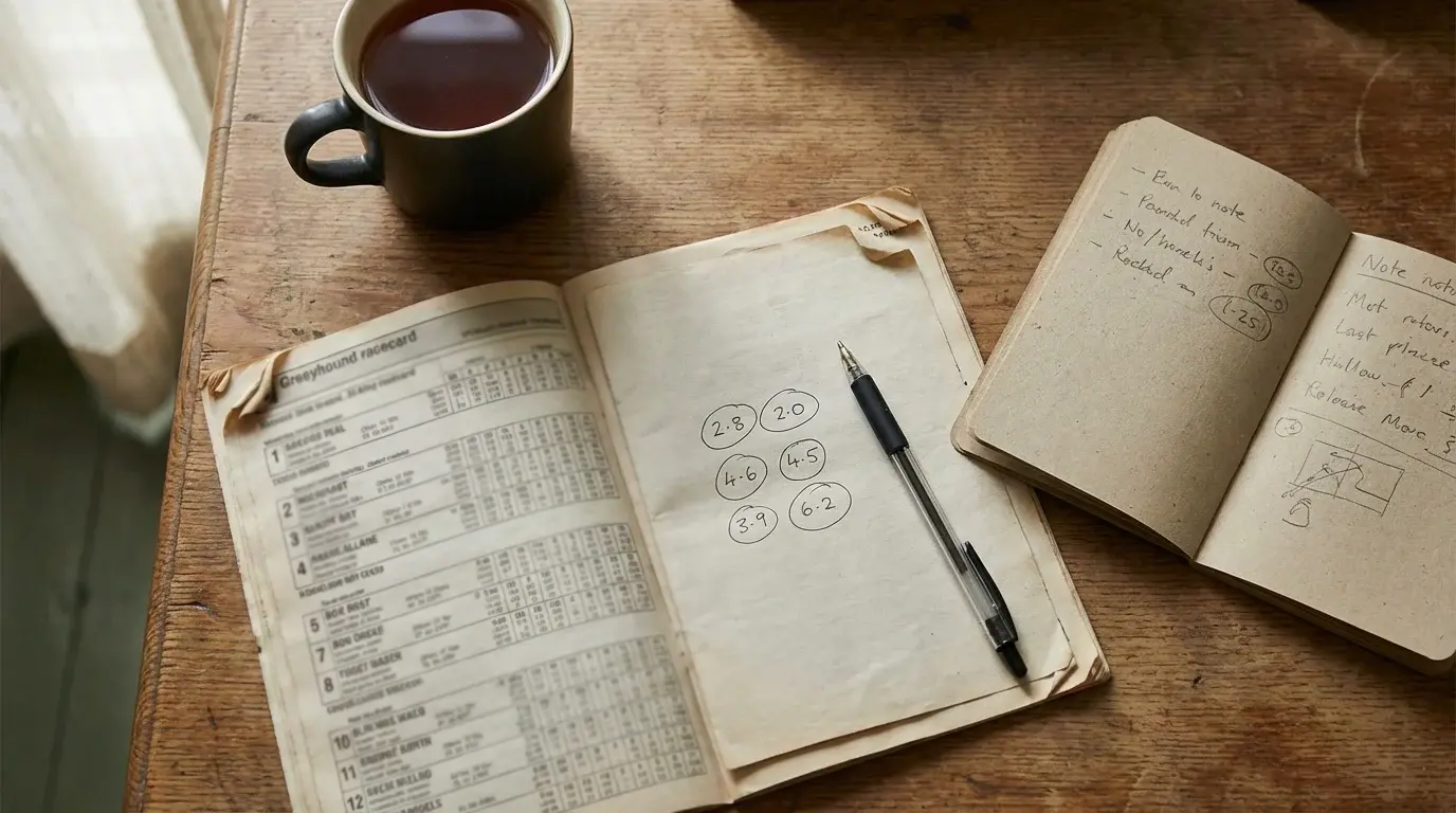 Punter analysing greyhound racing form and trap statistics on paper at a desk