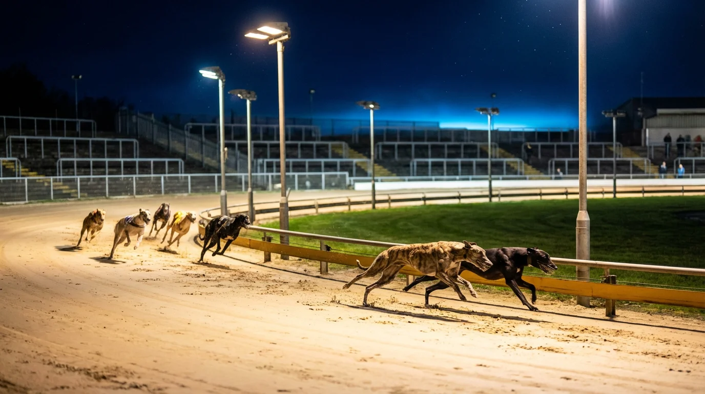 Greyhound racing at a UK stadium under floodlights