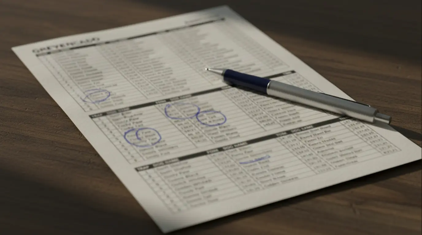 Close-up of a printed greyhound racecard showing form figures and sectional times