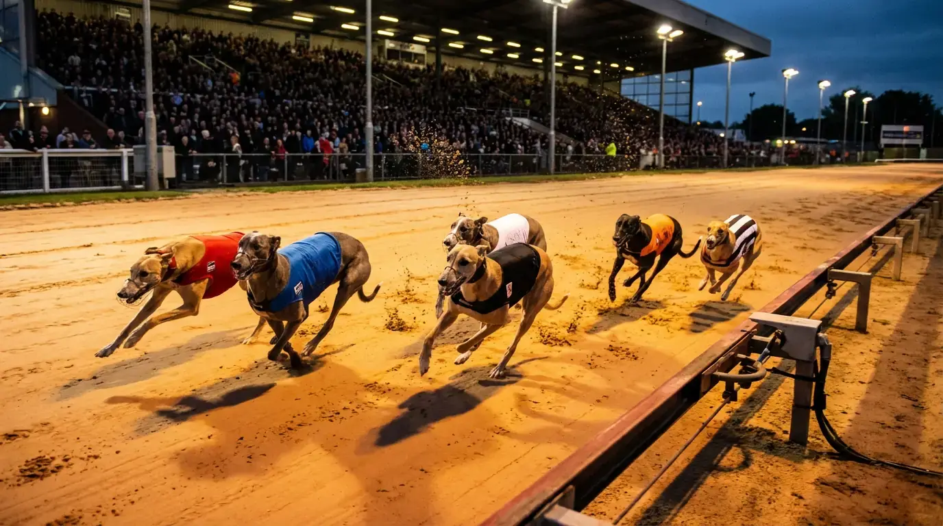 Greyhounds racing on a floodlit UK track during a major derby event