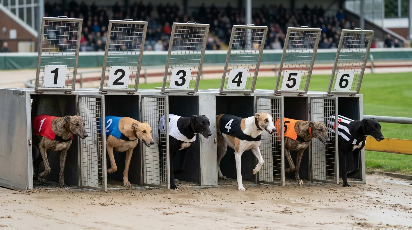 Six greyhounds in numbered traps wearing colour-coded racing blankets