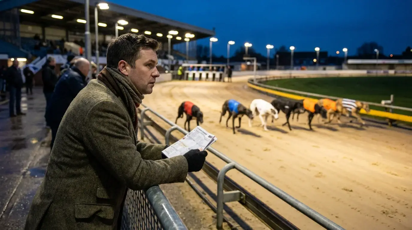Beginner placing a greyhound bet at a UK racetrack with dogs in starting traps