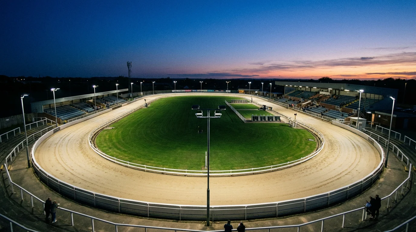 Aerial view of a UK greyhound racing track with sand oval and floodlights at dusk